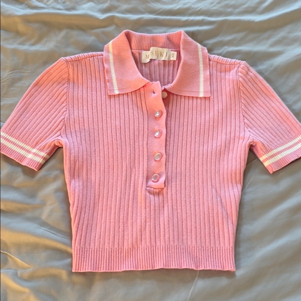 Meshki Cute crop Pink Ribbed Polo Shirt